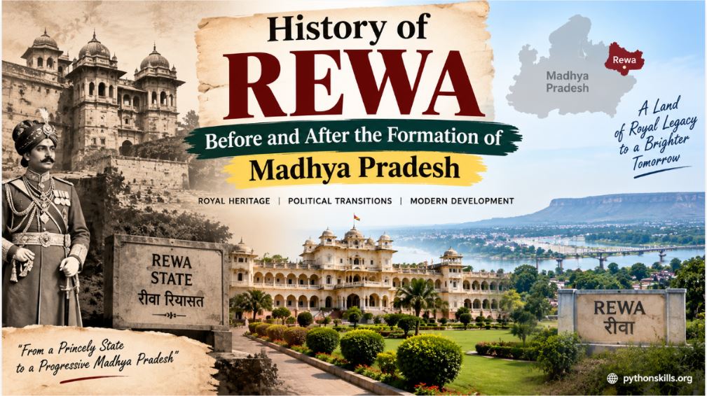 Rewa’s royal heritage, Rewa State history, and transformation after the formation of Madhya Pradesh, featuring palaces, historical imagery, and modern Rewa.
