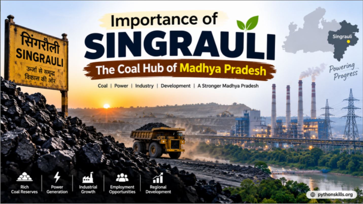 **Alt Text:** Importance of Singrauli, the coal hub of Madhya Pradesh, featuring coal mines, mining trucks, power plants, and electricity infrastructure.